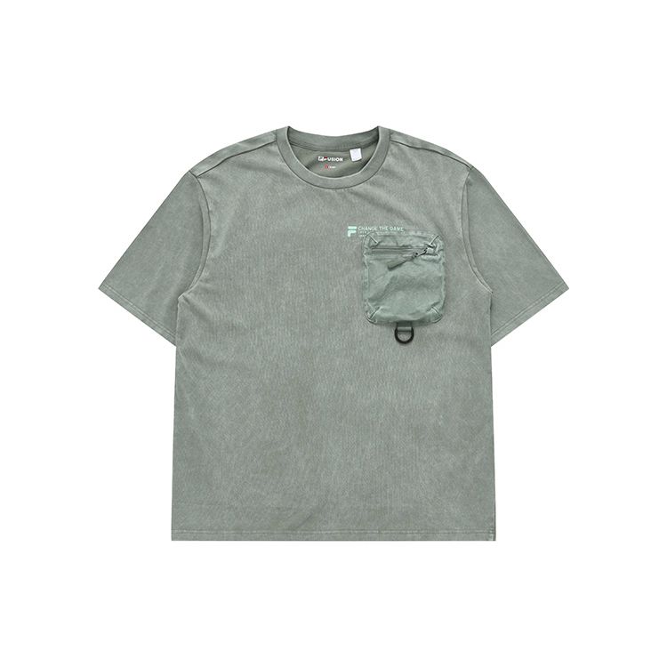 Fila Fusion Серия Streetwear Свободный крой Круглый вырез Однотонная футболка с коротким рукавом Мужские топы Военно-зеленый T11M321111F-KK