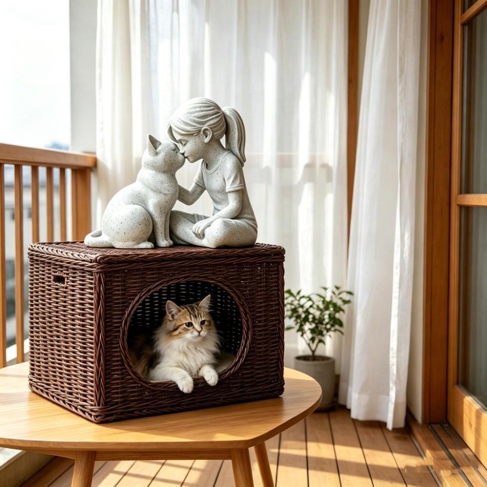 Plastic Girl and Cat Sculpture 3D Printed Girl Cat Ornaments Desktop Use