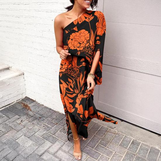 Женское платье макси на одно плечо с рукавами «летучая мышь» и цветочным принтом, длинное платье с разрезом