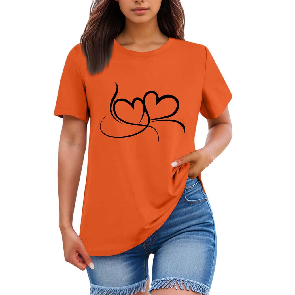 Ladies' Loose Comfortable Casual Fashionable Heart Pattern Printed Round Neck Short Sleeved Shirt