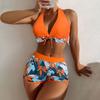 Women's Paneled Printed Swimsuit Ladies Fashion Sexy Split Boxer High Waist Swimsuit Two-Piece Set V-Neck Bathing Suits Female