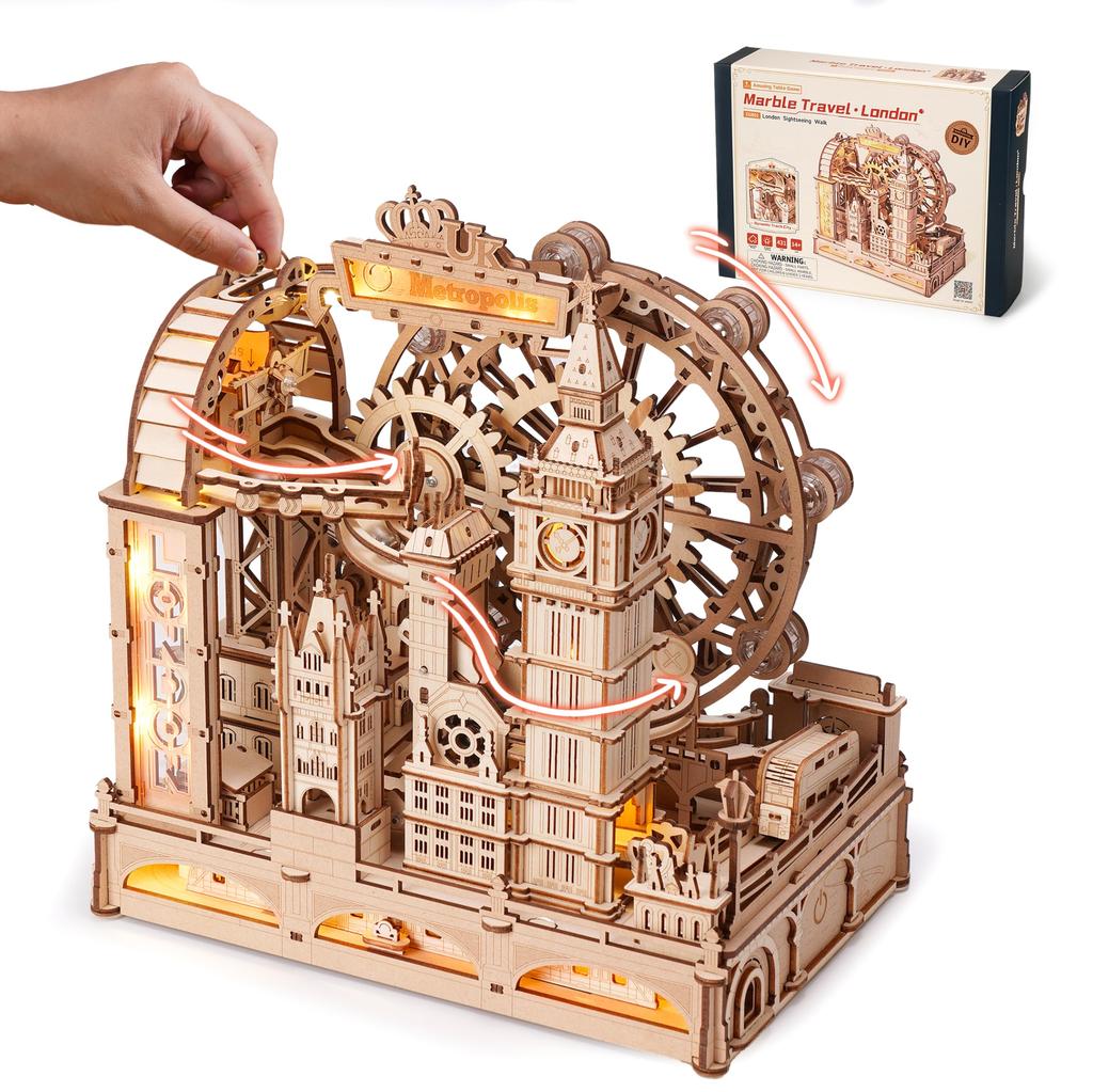 ROBOTIME 3D Wooden Marble Run with Marble Travel London Marble Roller Summer Vacation Craft Kit for Craft Brain Crafts for Adults and STEM Educational