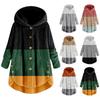 Women Plus Size Button Plush Tops Hooded Patchwork Loose Cardigan Wool Coat Winter Jacket