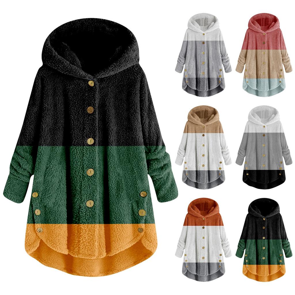Women Plus Size Button Plush Tops Hooded Patchwork Loose Cardigan Wool Coat Winter Jacket