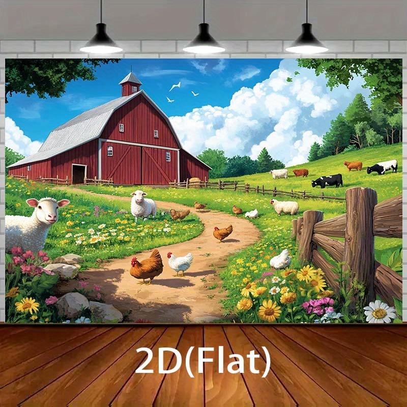 1 piece - Glittering rural scenery barn animal farm background fabric: Polyester fiber