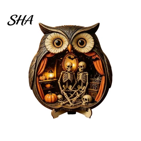 Halloween Owl Decoration Wooden Tabletop Centerpiece, 2D Flat Pumpkin Ghost Bat Cozy Scene Decor Skeleton Standing Table Sign for Party, Shelf,
