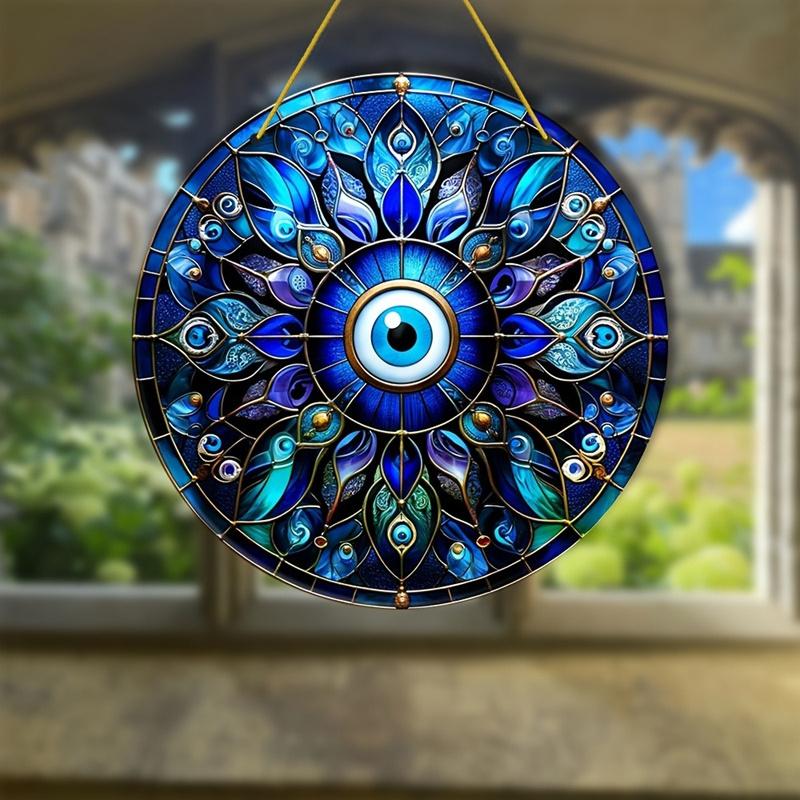 Charming Evil Eye Wooden Round Sign for Home Living Room Decor Stained Window Hanging Pendant Wall Art Ornament Gift