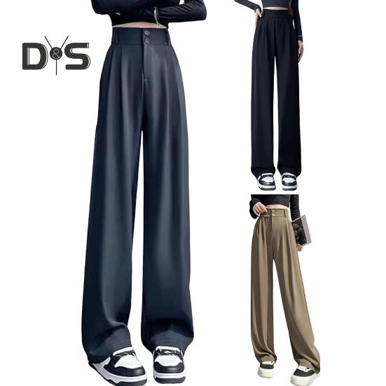 Women Pants High Waist Straight Wide Leg Trousers with Pockets Button Zipper Fly Solid Color Loose Fit Suit Pants Work Wear