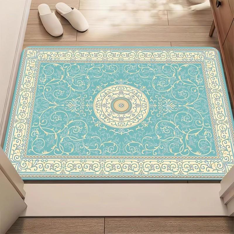 Moroccan Blue Yellow Floral Tile Patchwork Front Door Mat Non Slip Entryway Rug For Indoor Entry Floor Decor