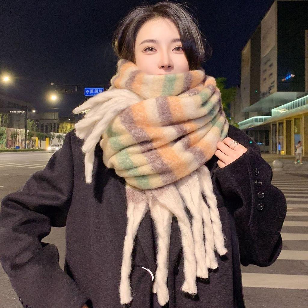 New Autumn And Winter Rainbow Mohair Plaid Scarf For Warmth, Versatility, Luxury, Elongated And Thickened Scarf, Shawl For Trendy Women