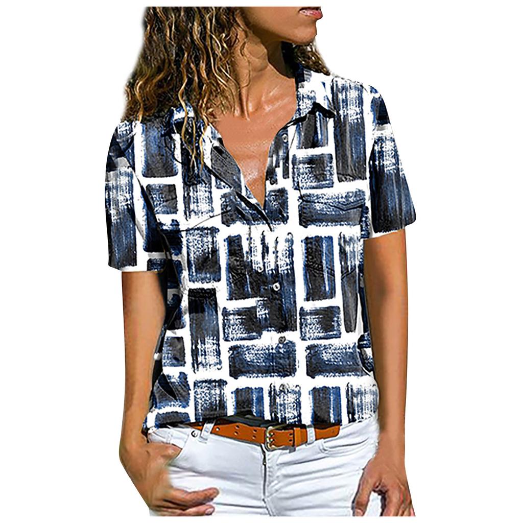 Womens Fashion Casual Short Sleeve Print Button V-Neck T-Shirts Tops Blouse