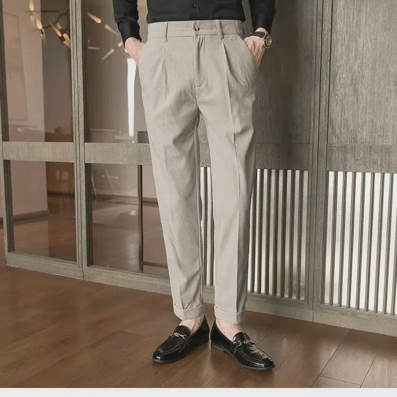 2023 Мужские облегающие брюки в полоску из вельвета - повседневные брюки в корейском стиле на осень