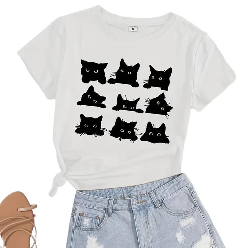 Женская летняя футболка с принтом черного кота, футболки с коротким рукавом, повседневные топы с принтом