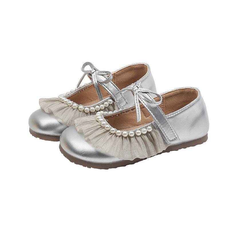 Girls' Lace Beaded Bow Princess Shoes, New Autumn Model, Children's Soft Sole Single Shoes, Small Leather Shoes