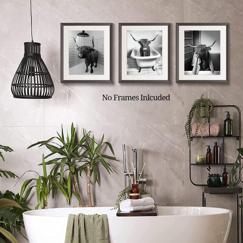 NIIORTY Funny Highland Cow Bathroom Wall Art, Vintage Black and White Rustic Style Canvas Prints for Bathroom Restroom Farmhouse Decor, 4-Set (8"x10"