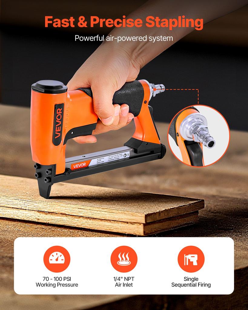 VEVOR Pneumatic Staple Gun, 21 Gauge Air Upholstery Stapler for 80 Series Fine Wire Staples 12.8mm Crown 6mm -16mm Length