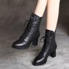 Fashion Mid Calf Shoes Woman Leather Round Toe Lace-up Black High Heels Elegant Heeled with Laces Half Boots Women On Promotion Y2k Hot