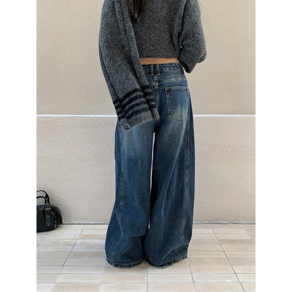 Autumn and winter American lazy loose jeans women's wide-leg retro drape straight trousers women
