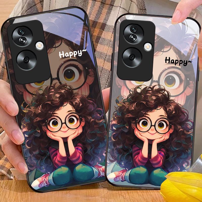 Девушка с кудрявыми волосами Для Oppo A79 5G 58 78 74 60 4G Reno 11F Realme GT 6 11 Note 50 10 C55 X2 Закаленное стекло Черный чехол для телефона