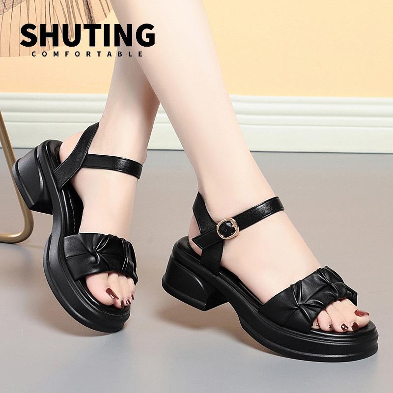 Fashion Elegant Platform Outdoor One Word Sandals Buckles Black Comfort Soft Sole Summer 2025 New Women's Casual Shoes