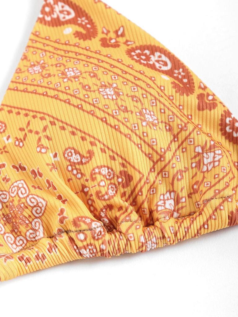 ZAFUL Ribbed Boho Paisley Print String Bikini Swimwear