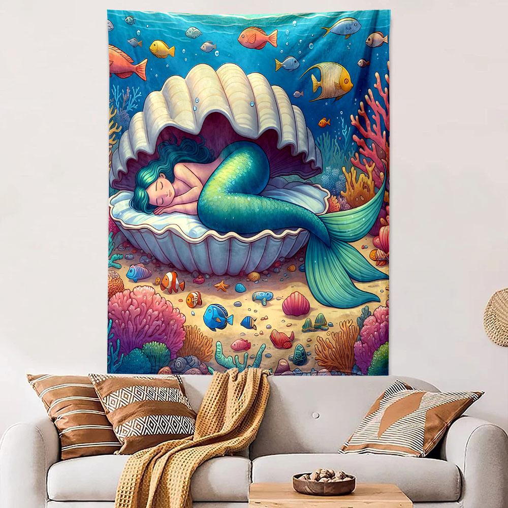 Mermaid Sleeping in Seashell Underwater Patterned Tapestry Decorative Wall Hanging, Home Bedroom Living Room Decor