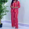 Women's Fashion Casual Spring Fall Stripe Print Long Sleeve POLO Neck Blouses & Shirts Trousers Pants Suits