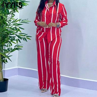 Женская мода повседневная весна осень полосатый принт длинный рукав воротник поло блузки и рубашки брюки костюмы