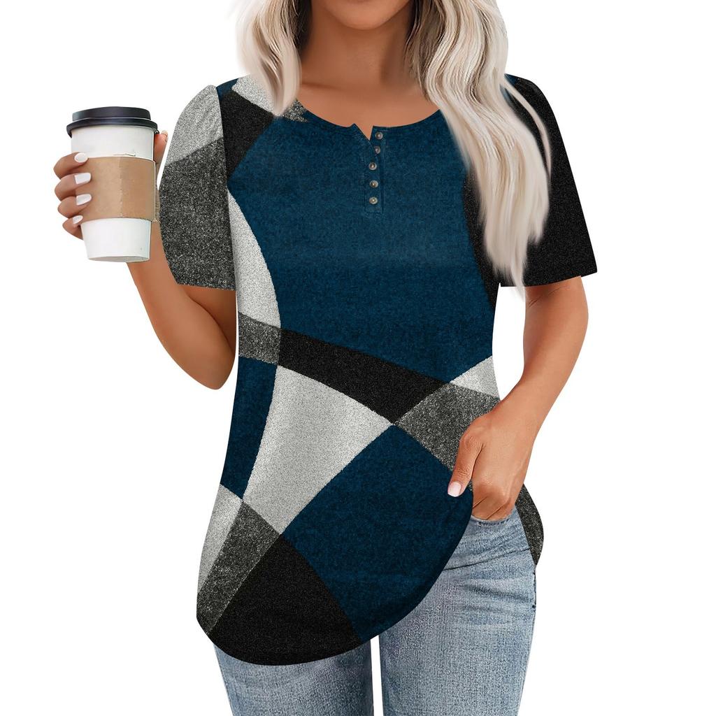 Women's Fashionable Casual Short Sleeve Button Print Round Neck Pullover Top