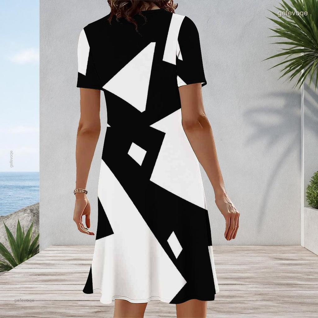 Women Plus Size Round Neck Short Sleeve Black White Printed A Line Dress