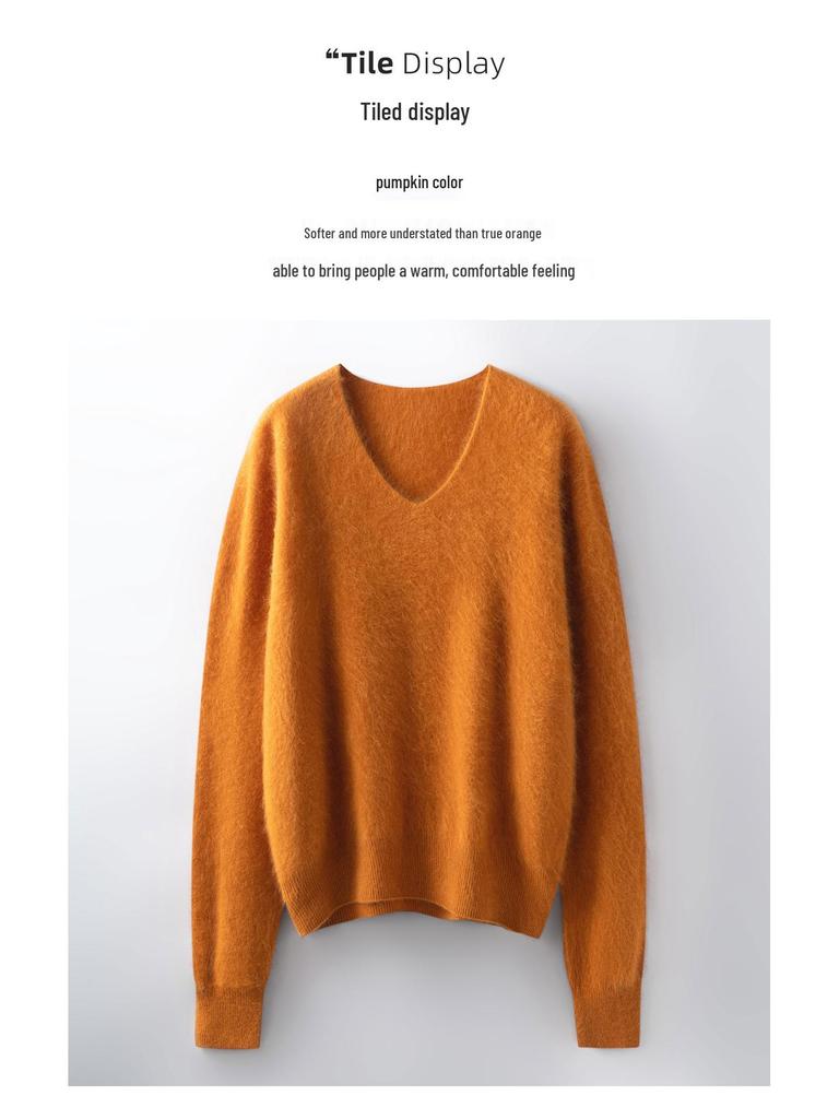 Women's Brushed Wool V-Neck Long-Sleeve Sweater: Autumn/Winter Loose Slimming Knitted Pullover Top