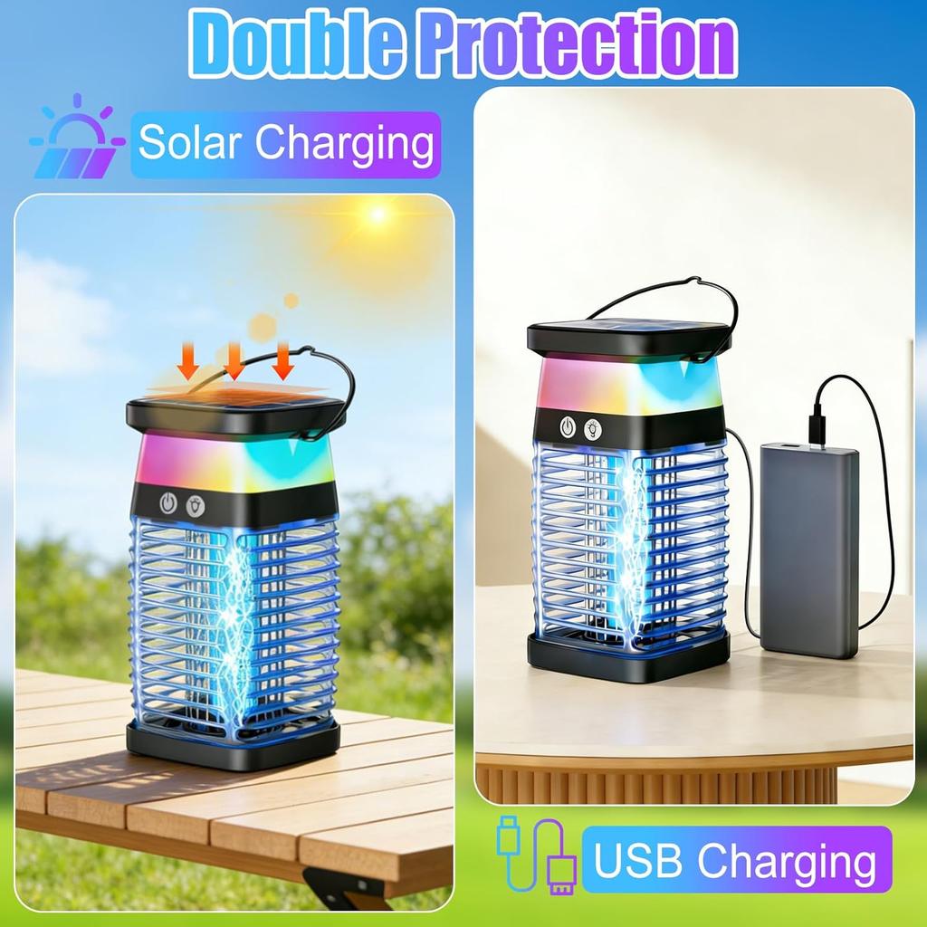 Solar Bug Zapper Lamp Indoor/Outdoor,Physical Electric Insect Repellent,Special for Restaurant & Courtyard Outdoor Use,2-in-1 Colorful Ambient Light