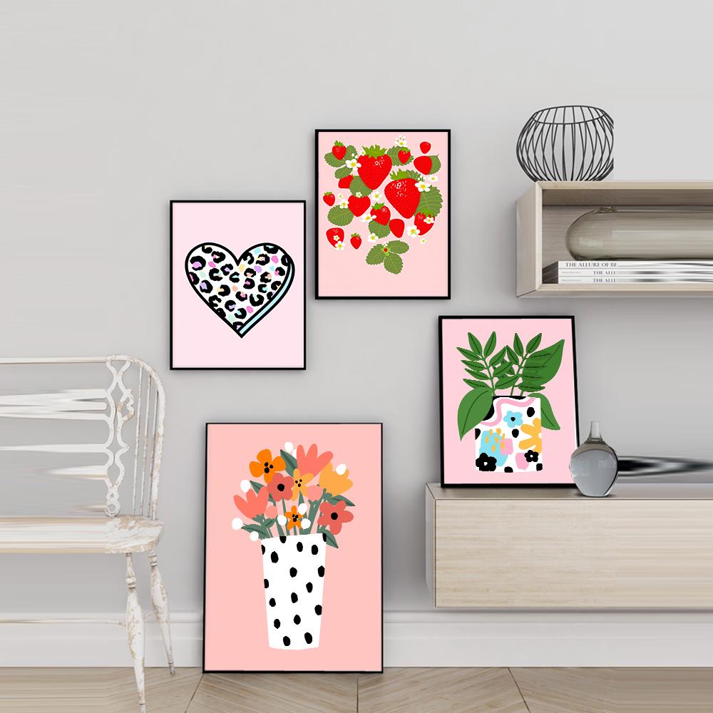 Ботаническая клубника Арт-принт Абстрактный фруктовый настенный декор Холст Живопись Ретро Цветочная ваза Гепард Детская комната Дом Постер