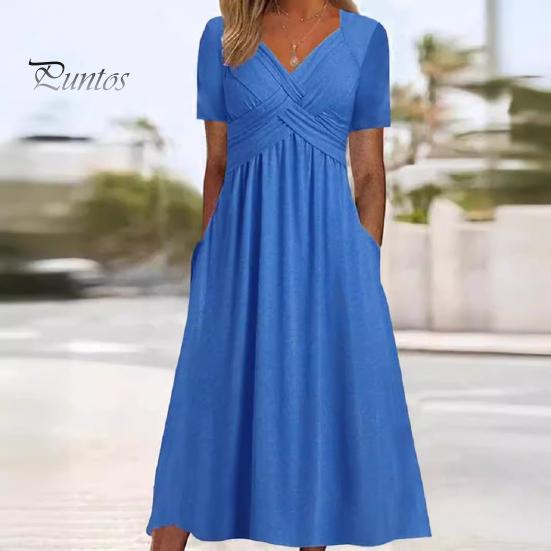 Женское летнее платье с плиссированным ремешком и V-образным вырезом с короткими рукавами, однотонное платье с карманами трапециевидной формы со свободным подолом, дышащее мягкое платье миди для свиданий