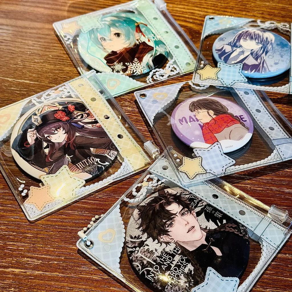 Japanese INS Star Plaid PVC Badge Holder 58~78mm Round Pin Badge Beautify Transparent Display Pocket Cute Cartoon Bag Pendant