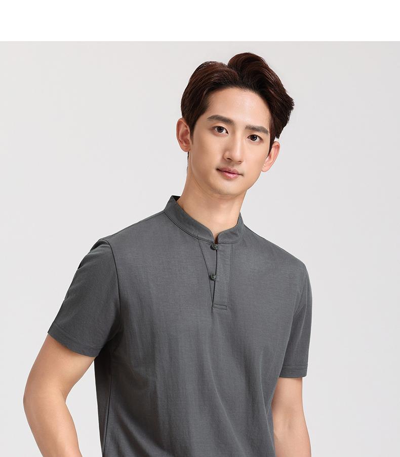[National Style New Chinese Style] Langdeng Summer Ice Silk Imitation Hemp Refreshing Breathable Stand up Collar T-shirt