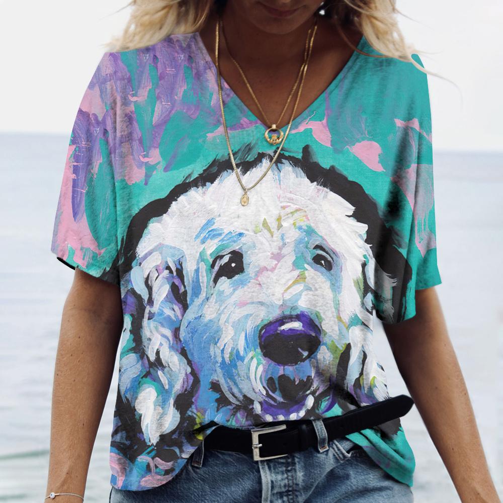 Новые летние женские топы с v-образным вырезом, футболки с короткими рукавами и 3D милым принтом собаки, повседневные милые Harajuku, универсальная одежда Y2K, европейский размер