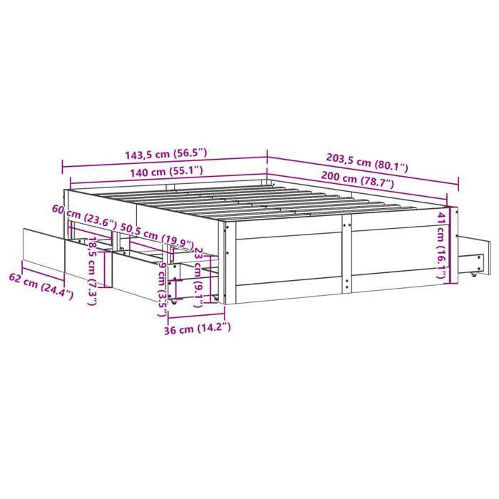 VidaXL Каркасы кровати без матраса с ящиками белый 140x200см сосна, мебель для спальни, двуспальная кровать, основание кровати, 3308805