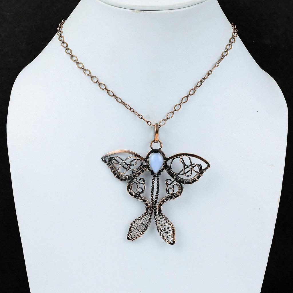 Подвеска из голубого кружевного агата, подвеска из медной проволоки, подвеска ручной работы в виде бабочки, медное ювелирное украшение, подвеска с драгоценным камнем, дизайнерский кулон, свадебный подарок