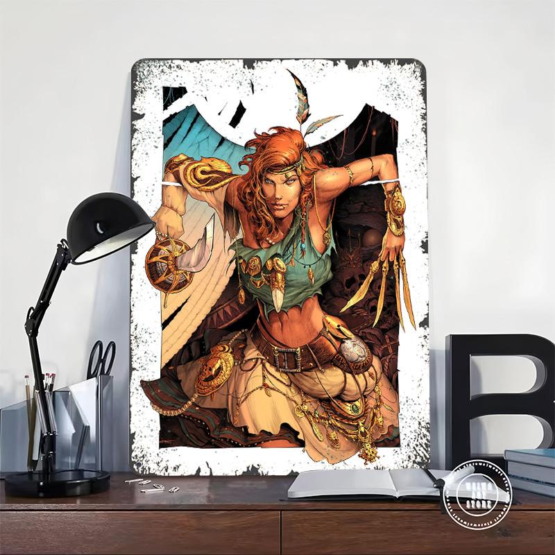 Pirate Girl Comics Dark Fantasy Plunder Poster Customized Wall Art Vintage Metal Signs Retro Tin Plaque for Man Cave Wand Deko