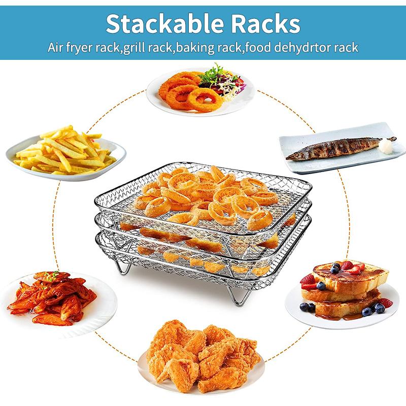 3 Layer Air Fryer Stackable Dehydrator Racks Stainless Steel Rectangle Air Fryer Basket Tray BBQ Grill Rack Kitchen Accessories