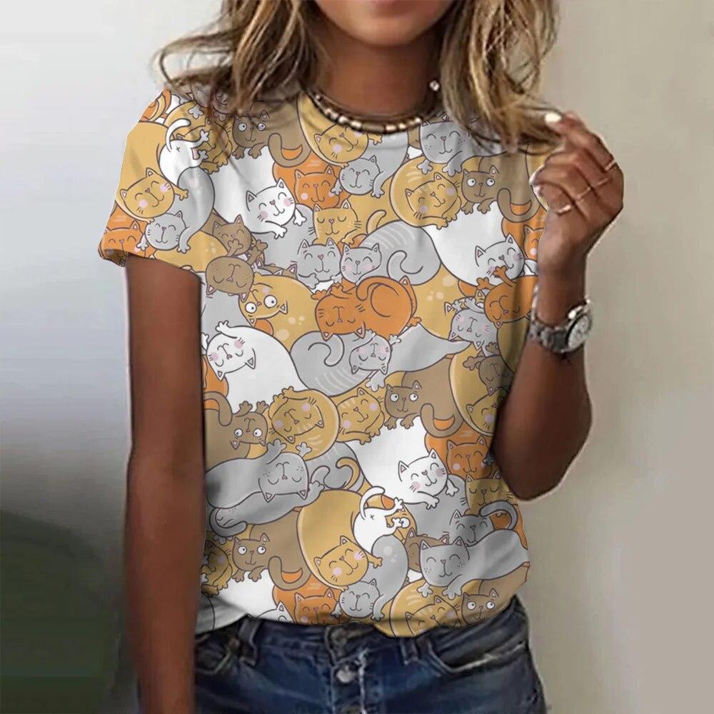 Летние футболки с 3D-принтом с изображением мультяшных кошек и животных для женщин, новая уличная одежда, повседневная мода, футболка с коротким рукавом, футболки с круглым вырезом, топы, одежда