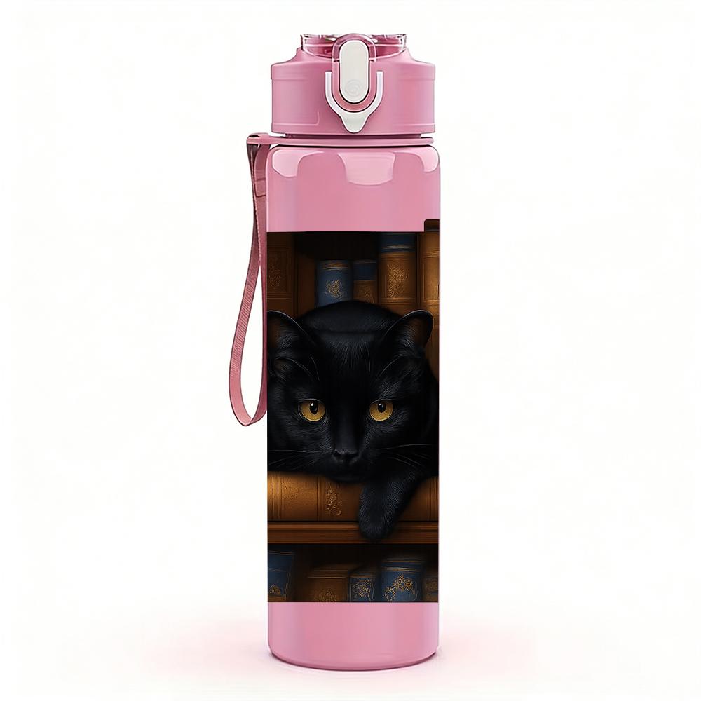 1PC Black Cat Book Stack Scene 750ml Color Plastic Sports Water Bottle Leakproof Flip Straw Lid For Sports Office Home Use