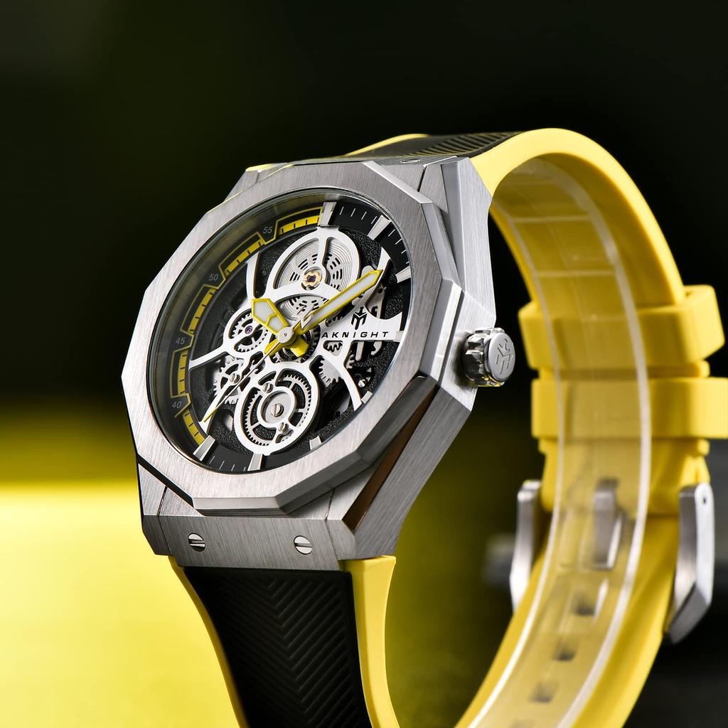 Механические часы Водонепроницаемые 100 м Автоматические часы Скелетон Крутые Стильные наручные часы Роскошные водонепроницаемые светящиеся желтые часы AKNIGHT для мужчин