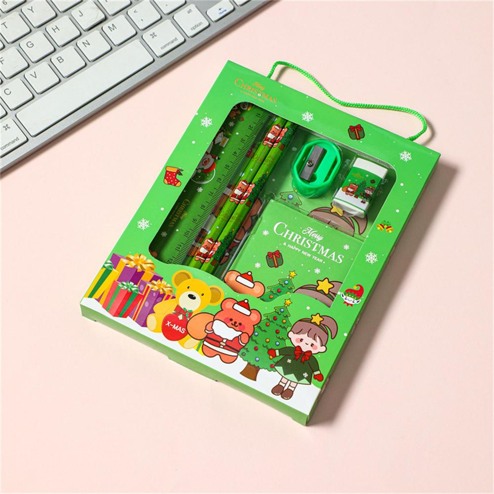 6pcs Christmas Stationery Set Kids Cartoon Pencils Eraser Ruler Memo Pads Pencil Knife Set School Supplies Back To School Gift
