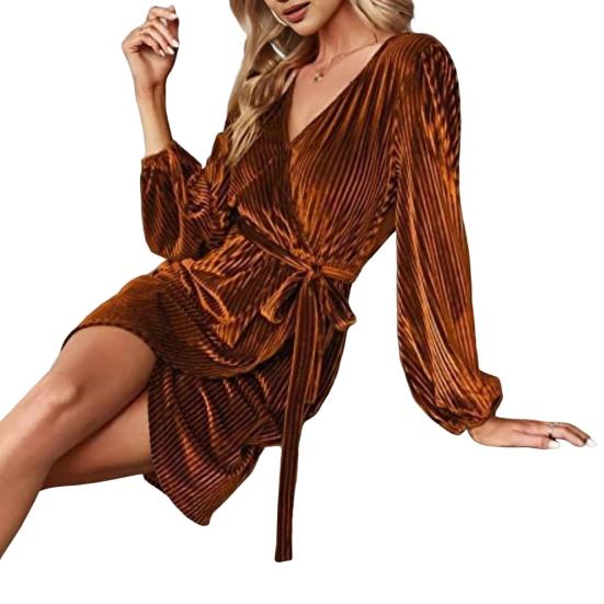 Женское платье для свиданий с V-образным вырезом и завязывающимся поясом, тонкая талия, длинные рукава, бархатная ткань, неровный подол, вечернее платье, однотонное мини-платье для выпускного вечера