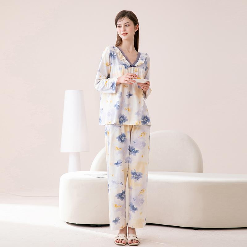 Fenteng 100% Cotton Soft and Skin-friendly Floral Fresh V-neck Long-sleeved Pajama Set for Women