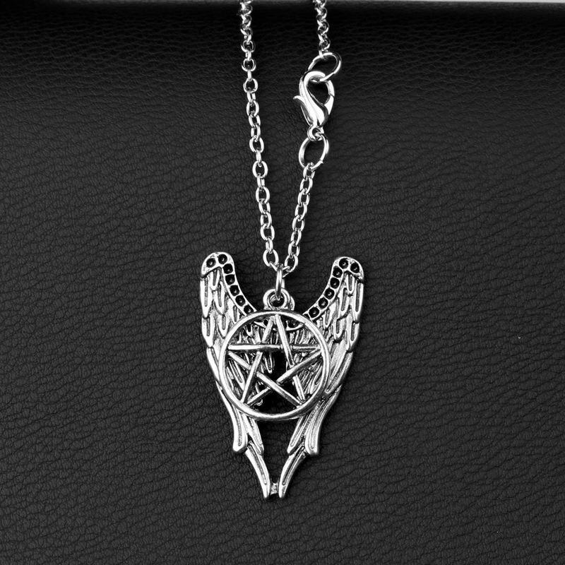 Ожерелье в стиле ретро из фильма «Сверхъестественное» Пентаграмма Пентакль Кастиэль Крылья ангела Винтаж античное серебряное ожерелье цвета кулон амулет ювелирные изделия для меня