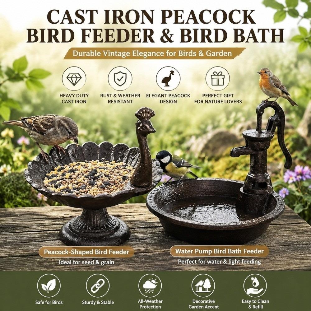 Vintage Bird Feeder Cast Iron Water Pump Bird Feeder Durable Peacock Shaped Bird Bath Patio