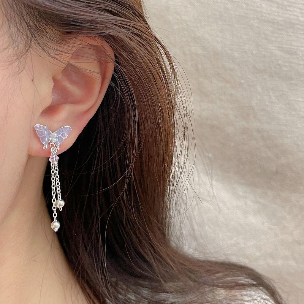 Серьги-бабочки с фиолетовым градиентом: Элегантные серебряные серьги-иглы для женщин со свежим, милым и сказочным очарованием